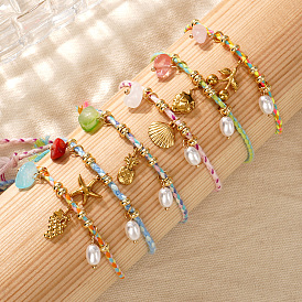 Богемный стиль 304 браслеты из нержавеющей стали с подвесками, Браслеты из нейлоновой нити плетеные для женщин