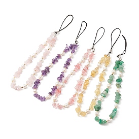 Gemstone Chips & Cultured Freshwater Pearl Beaded Mobile Straps, with Plastic Cell Phone Lanyard Tether