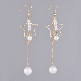 Dangle Earrings, with Glass Pearl Round Beads, Iron Bar Links, Brass Star Pendants and Earring Hooks, with Cardboard Packing Box