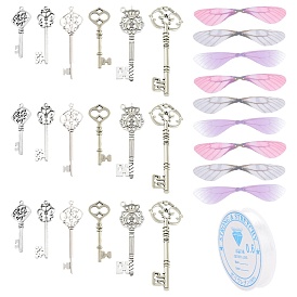 SUNNYCLUE Skeleton Key Charm DIY Jewelry Making Kit for Crafts Gifts, Including Alloy Pendants, Polyester Fabric Wings, Clear Elastic Crystal Thread