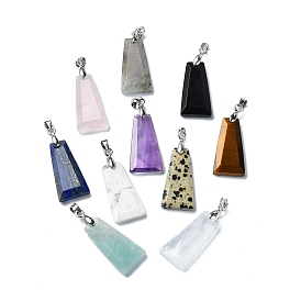 Faceted Mixed Gemstone Pendants, Trapezoid Charms with Platinum Plated Iron Snap on Bails