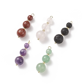 Natural Mixed Gemstone Pendants, with Golden Tone Brass Findings, Round Charm, Undyed