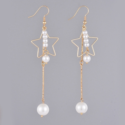 Dangle Earrings, with Glass Pearl Round Beads, Iron Bar Links, Brass Star Pendants and Earring Hooks, with Cardboard Packing Box