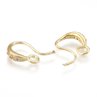Brass Earring Hooks, Real 18K Gold Plated, with Cubic Zirconia and Horizontal Loop, Clear