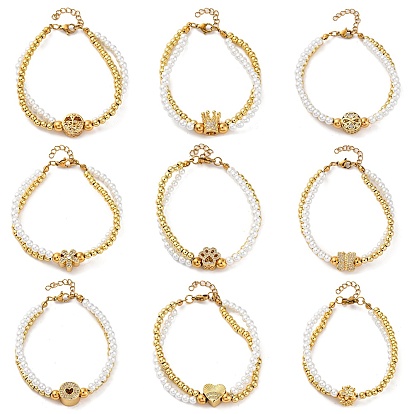 Латунь многожильных браслеты, браслеты со стразами для женщин, ионное покрытие (ip), реальный 18 k позолоченный, с пластиковой жемчужиной и 304 карабином из нержавеющей стали