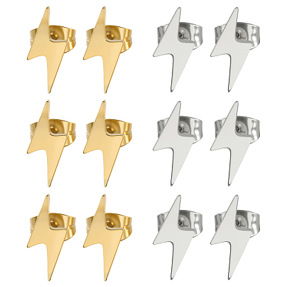 6 пары 2 цвета 304 серьги-гвоздики из нержавеющей стали, удар молнии