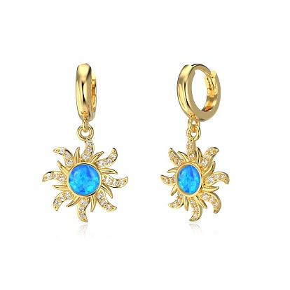 Sun 925 Sterling Silver Micro Pave Cubic Zirconia Dangle Hoop Earrings, with Synthetic Opal