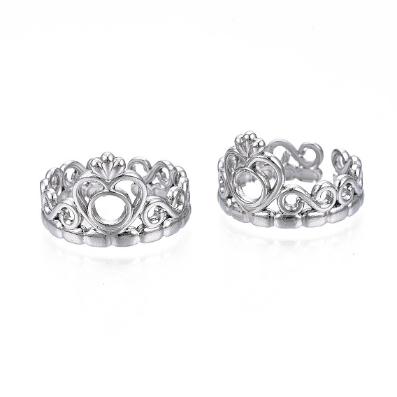 304 Stainless Steel Heart Crown Open Cuff Ring for Women