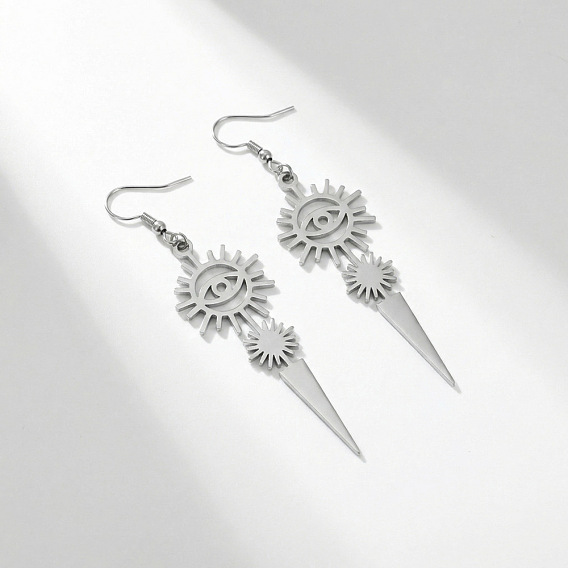 304 Stainless Steel & 201 Stainless Steel Dangle Earrings, Sun with Evil Eye