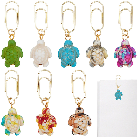 8шт. 8 цвета углеродистая сталь скрепки, с подвесками из синтетической окрашенной бирюзы в виде черепахи, золотые