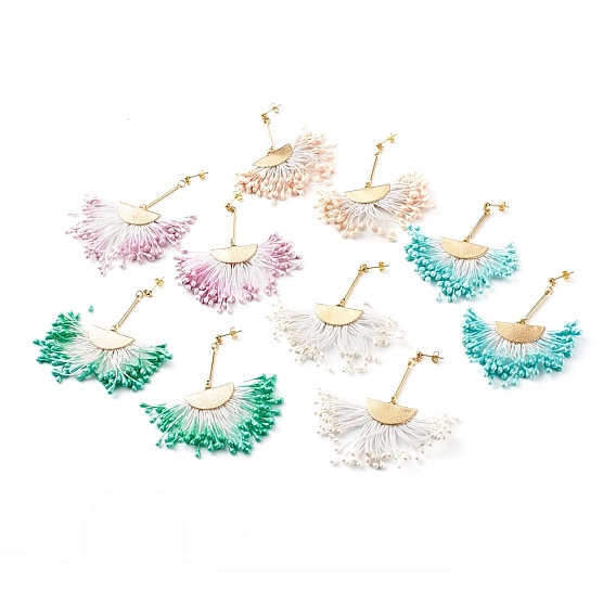 Brass Stud Earrings, with Polycotton(Polyester Cotton) Tassel Pendant and Foam, with 304 Stainless Steel Pin, Golden