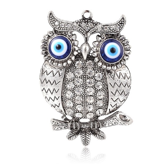 Antique Silver Tone Alloy Rhinestone Big Pendants, with Glass Cabochons, Owl for Halloween, 74x52x9mm, Hole: 3mm