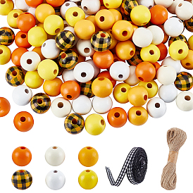 PANDAHALL ELITE DIY Wood Beads Jewelry Making Kits, Including 240Pcs 6 Colors Wood Beads, 1 Bundle Jute Cord and 1 Roll Polyester Ribbon