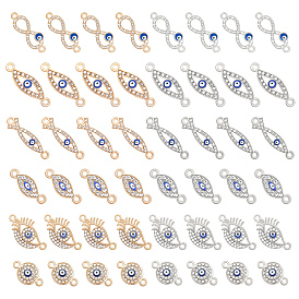 48Pcs 12 Style Alloy Links Connectors, with Crystal Rhinestone and Blue Enamel, Evil Eye
