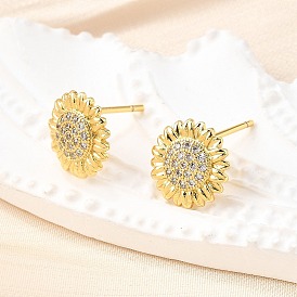 Серьги-гвоздики из латунного микро-паве, без свинца и без кадмия, стойки покрытие, долговечный, подсолнечник