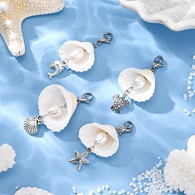 Подвески из сплава в тибетском стиле и ракушки, с натуральными бусинами из пресноводного жемчуга и застежками-клешнями