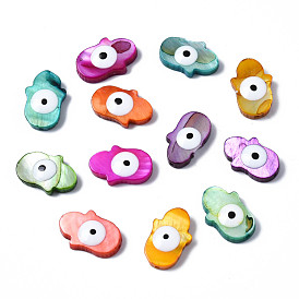 Natural Freshwater Shell Beads, with Enamel, Dyed, Hamsa Hand/Hand of Miriam and Evil Eye