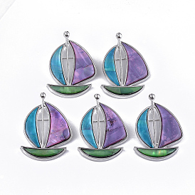 Shell Brooches/Pendants, with Resin Bottom and Alloy Findings, Sailboat, Platinum