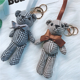 Cute Cartoon Bear Keychain with Grid Pattern for Women's Bags and Gifts