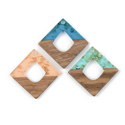 Transparent Resin & Walnut Wood Pendants, with Gold Foil, Rhombus