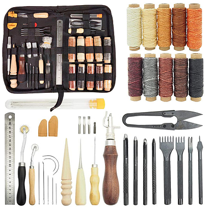 DIY Wood & Stainless Steel Leathercraft Tool Kit,  including Polishing Rod, Hole Punch, Groover Tool, Thread, Needle, Tracing Wheel, Ruler, Finger Protector, Awl, Scissor