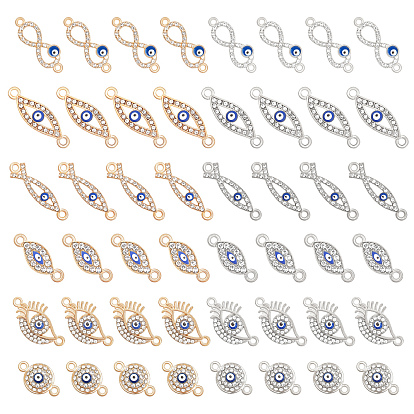 48Pcs 12 Style Alloy Links Connectors, with Crystal Rhinestone and Blue Enamel, Evil Eye