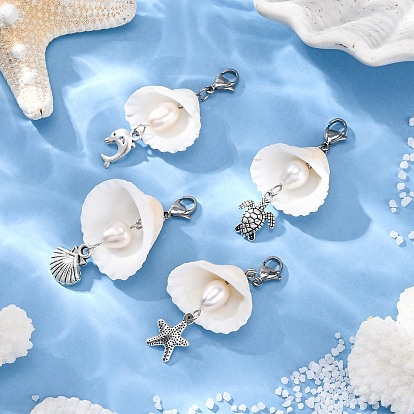 Подвески из сплава в тибетском стиле и ракушки, с натуральными бусинами из пресноводного жемчуга и застежками-клешнями