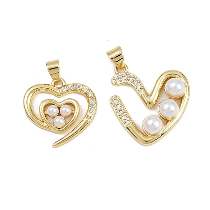 Латунные микро проложить кубического циркония подвески, сердце, с абс пластмассовой имитационной жемчужиной