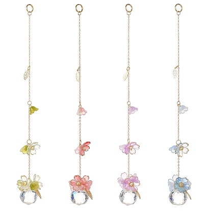 Glass & Acrylic & Lampwork Pendant Decorations, with Brass Cable Chains, Flower & Round
