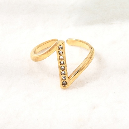 304 Stainless Steel Rhinestone Cuff Open Rings for Women, Ion Plating(IP)