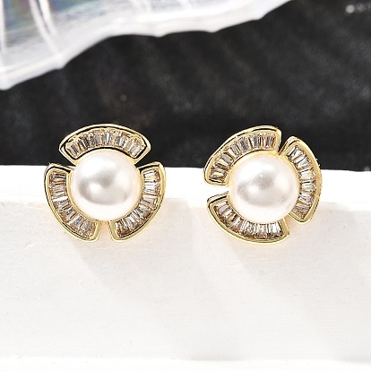 Серьги-гвоздики из латуни с микро-паве и прозрачным фианитом, с пластиковой имитационной жемчужиной, без кадмия и без свинца