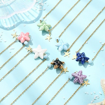 Ocean Handmade Porcelain Starfish Pendant 304 Stainless Steel Cable Chain Necklaces for Women, Mixed Color
