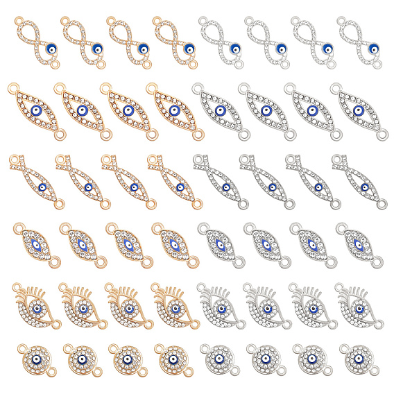 48Pcs 12 Style Alloy Links Connectors, with Crystal Rhinestone and Blue Enamel, Evil Eye