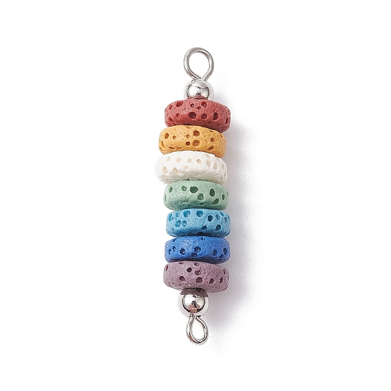 10 piezas de dijes de conector de roca de lava natural teñidos, 7 Enlaces de discos de chakras con bucles dobles de hierro, colorido