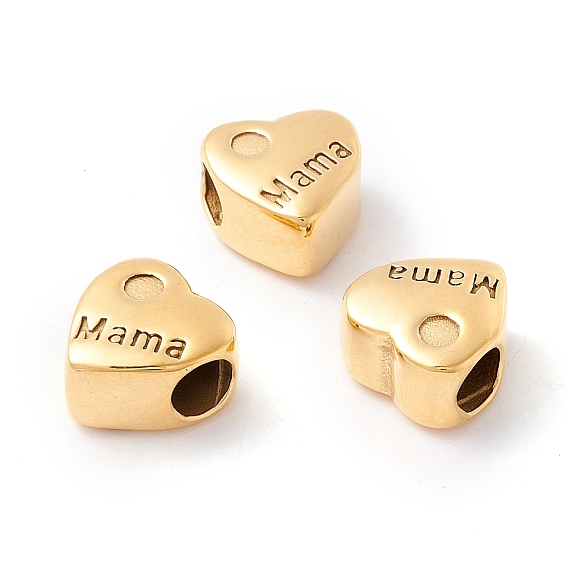 День матери ионное покрытие (IP) 304 нержавеющая сталь европейские бусины, бусины с большим отверстием, ручная полировка, сердце со словом мама