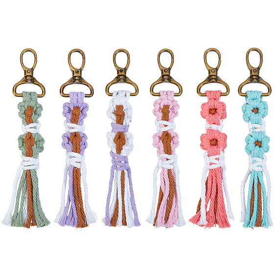 6 шт 6 цвета хлопковый шнур вязаный цветок кисточка подвеска украшение, с поворотными застежками сплава, античная бронза
