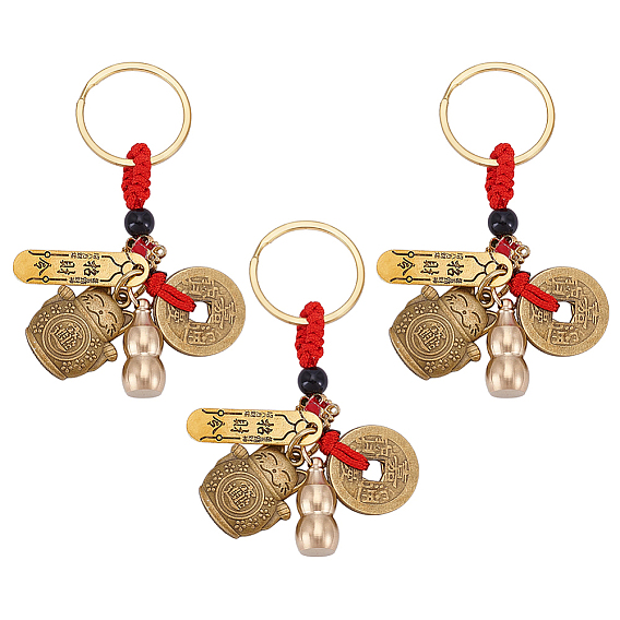 3 Bags Brass Pendant Keychains, Maneki Neko with Coin & Gourd, with Split Key Ring