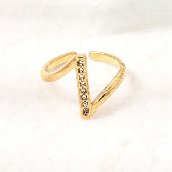 304 Stainless Steel Rhinestone Cuff Open Rings for Women, Ion Plating(IP)