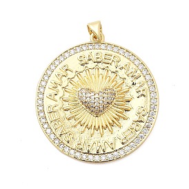 Латунные микро проложить кубического циркония подвески, плоские круглые подвески с сердцем и словом «сабля», долговечный, стойки покрытие, без свинца и без кадмия