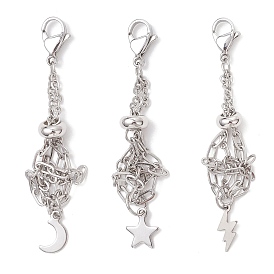 3 шт. 304 мешочек из нержавеющей стали в технике макраме, пустой держатель для камней, подвесные украшения, с застежками-карабинами и латунными подвесками в виде луны, звезд и молний