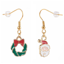 Alloy Enamel Dangle Earrings, Asymmetrical Earrings, with 304 Stainless Steel Earring Hooks and Ear Nuts, Christmas Wreath & Father Christmas, Golden