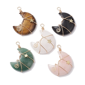 Natural Gemstone Copper Wire Wrapped Pendants, Moon with Star Charms