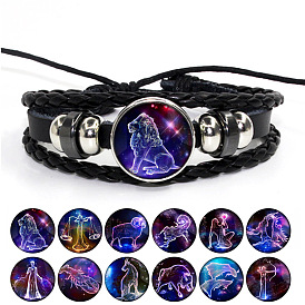 Vintage Leather Braided Time Gem Bracelet Set for All Zodiac Signs - 12 Piece Collection
