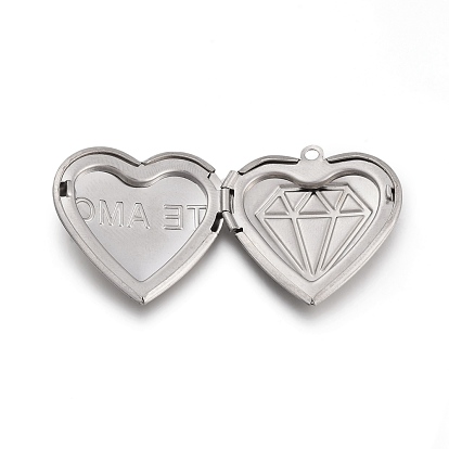 Valentine's Day 304 Stainless Steel Locket Pendants, Photo Frame Charms for Necklaces, Heart with TE AMO