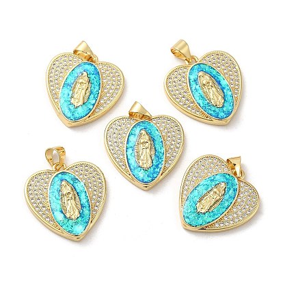 Rack Plating Brass Micro Pave Cubic Zirconia with Synthetic Opal Pendants, with Jump Ring, Lead Free & Cadmium Free, Long-Lasting Plated, Heart with Saint