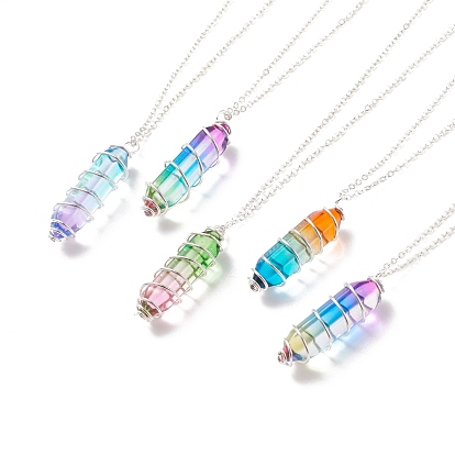 Glass Bullet Pendant Necklace, Silver Plated Brass Wire Wrap Jewelry for Women