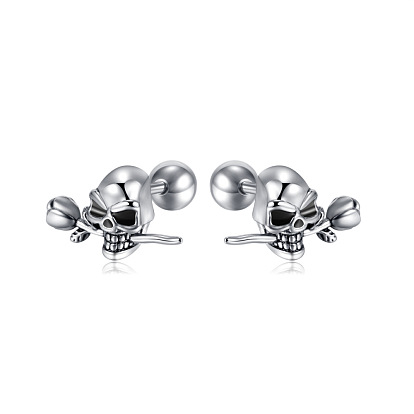 Shull with Rose Stud Earrings, Halloween 304 Stainless Steel Jewelry for Men Women
