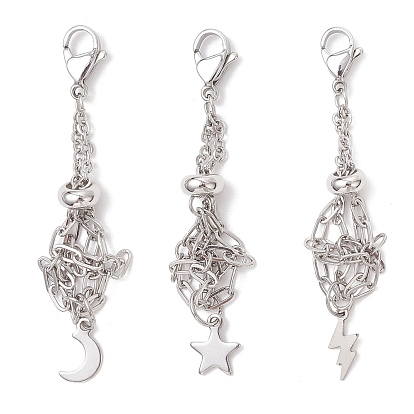 3 шт. 304 мешочек из нержавеющей стали в технике макраме, пустой держатель для камней, подвесные украшения, с застежками-карабинами и латунными подвесками в виде луны, звезд и молний