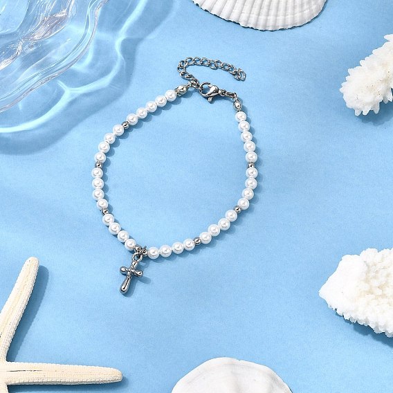 304 из нержавеющей стали крест шарм браслеты, браслеты из круглых бусин из ракушек и жемчуга для женщин