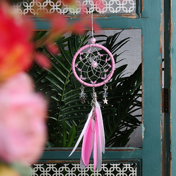 Тканая сетка/паутина с подвесными украшениями из перьев, со смолевыми бусинами, для подвесных украшений автомобиля